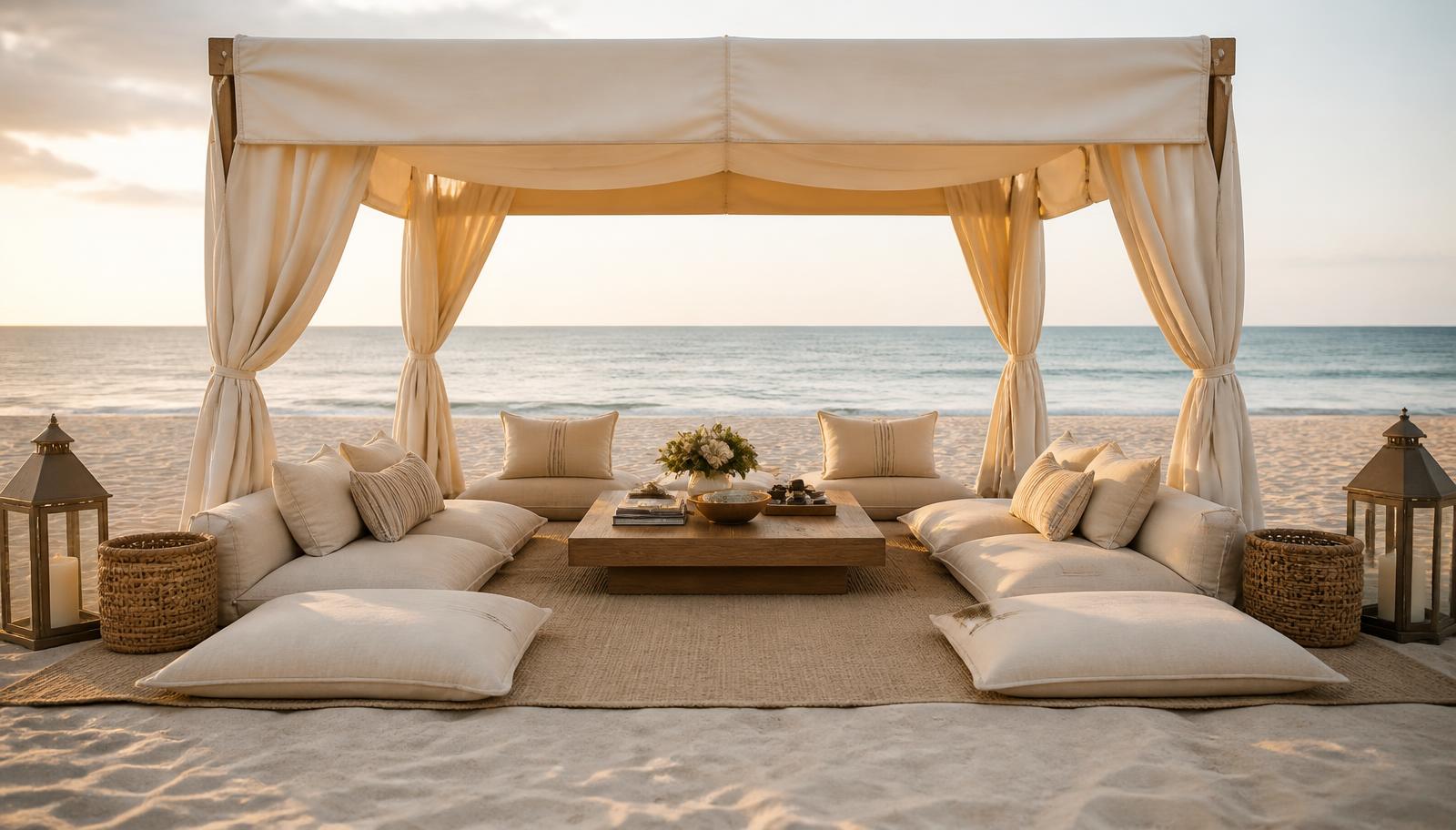 A beautifully organised beach setting with a cream canvas cabana, teak table and linen cushions at golden hour