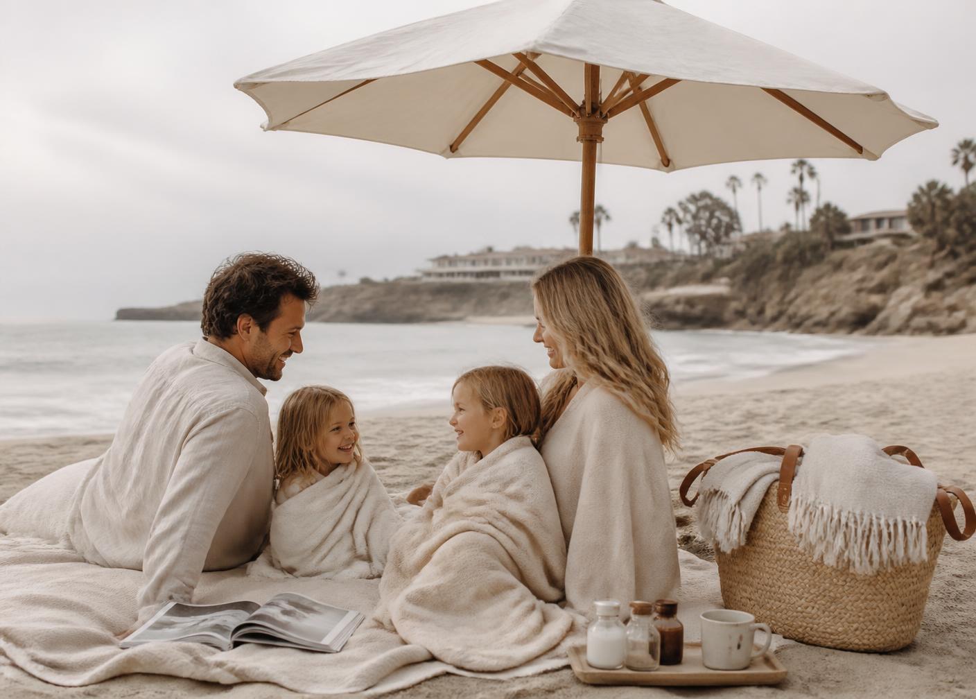 A family relaxing beneath a cream canvas umbrella on the sand