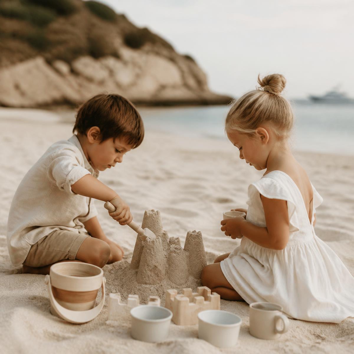 Two children building a sandcastle with wooden toys