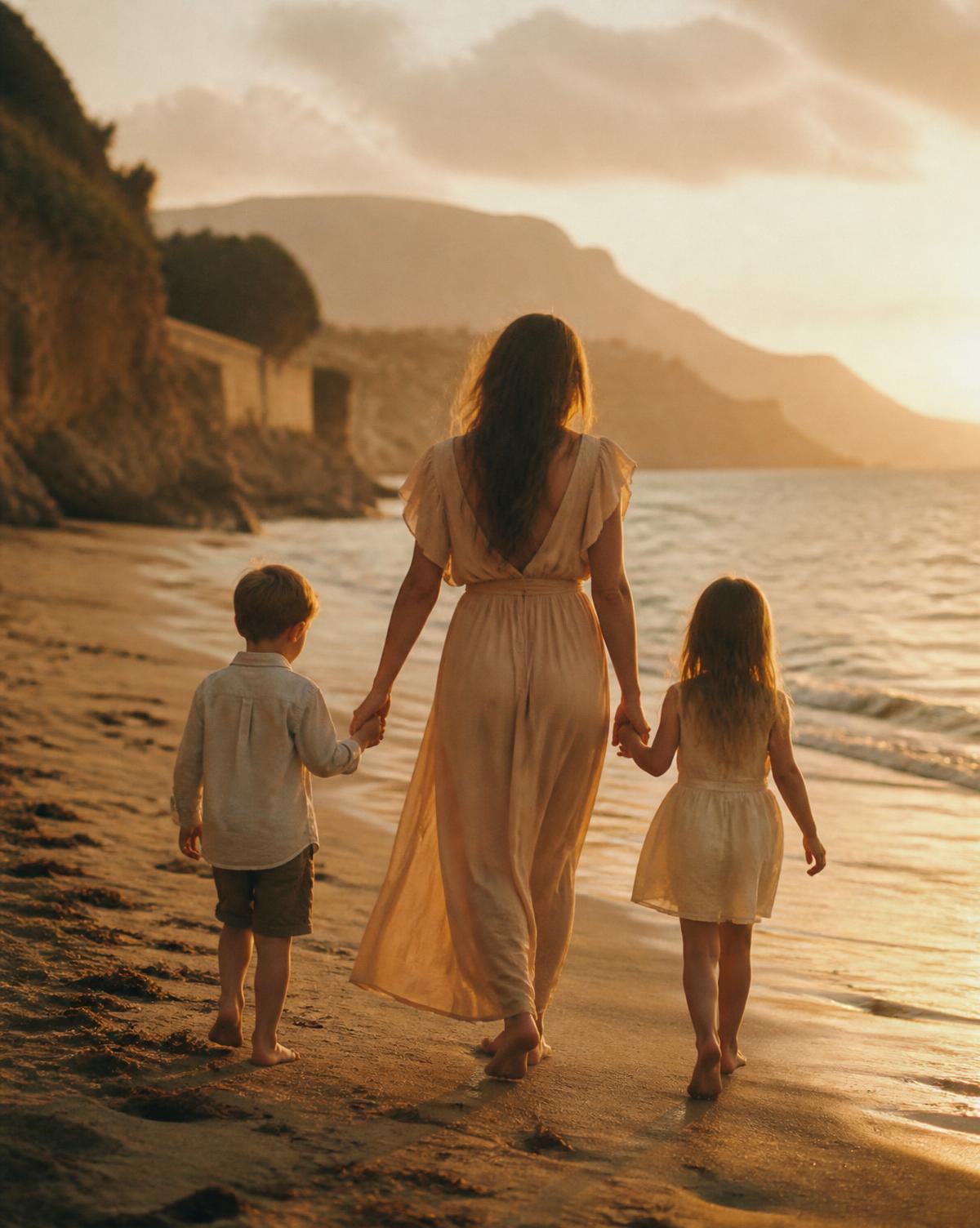 A mother walking hand in hand with her two children along the shoreline at golden hour